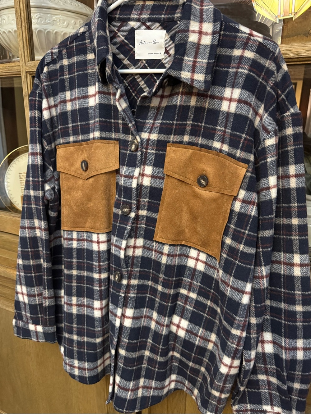 Active USA Navy and White Plaid Button-Down Shirt with Tan Pockets